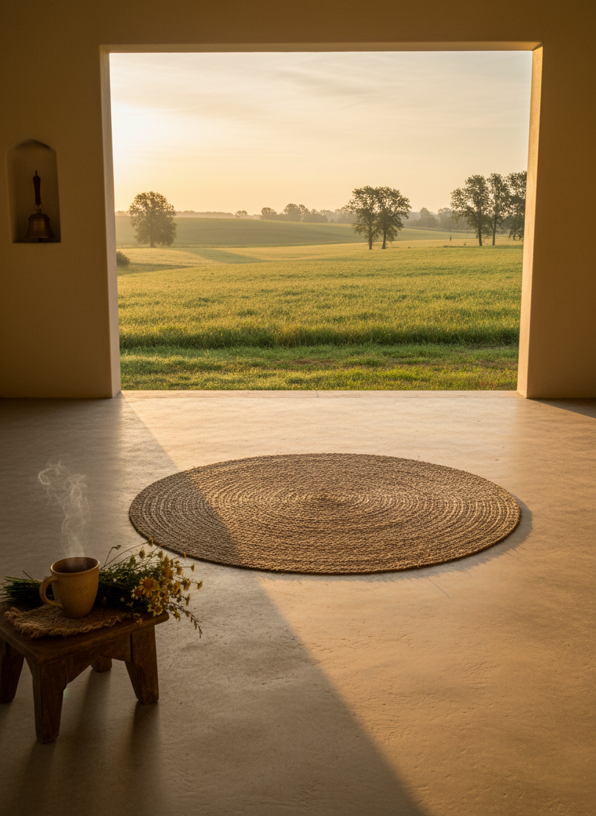 A contemplative indoor-outdoor meditation space on the farm, shown in photographic realism. A simple woven grass mat lies on a smooth, burnished earthen floor that extends out to an open verandah overlooking fields of mixed crops and scattered trees. Beside the mat rests a low wooden stool with a clay cup of herbal tea, steam faintly visible, and a small bundle of wildflowers and native grasses tied with natural fiber. The room’s walls are lime-plastered in warm off-white, with an alcove holding a single unlit brass bell. Soft dawn light enters from the open side, creating a gradient of shadow that gently frames the mat and accentuates the texture of the floor. Shot at eye level with a calm, symmetrical composition, the image conveys stillness, spiritual depth, and connection to working land.