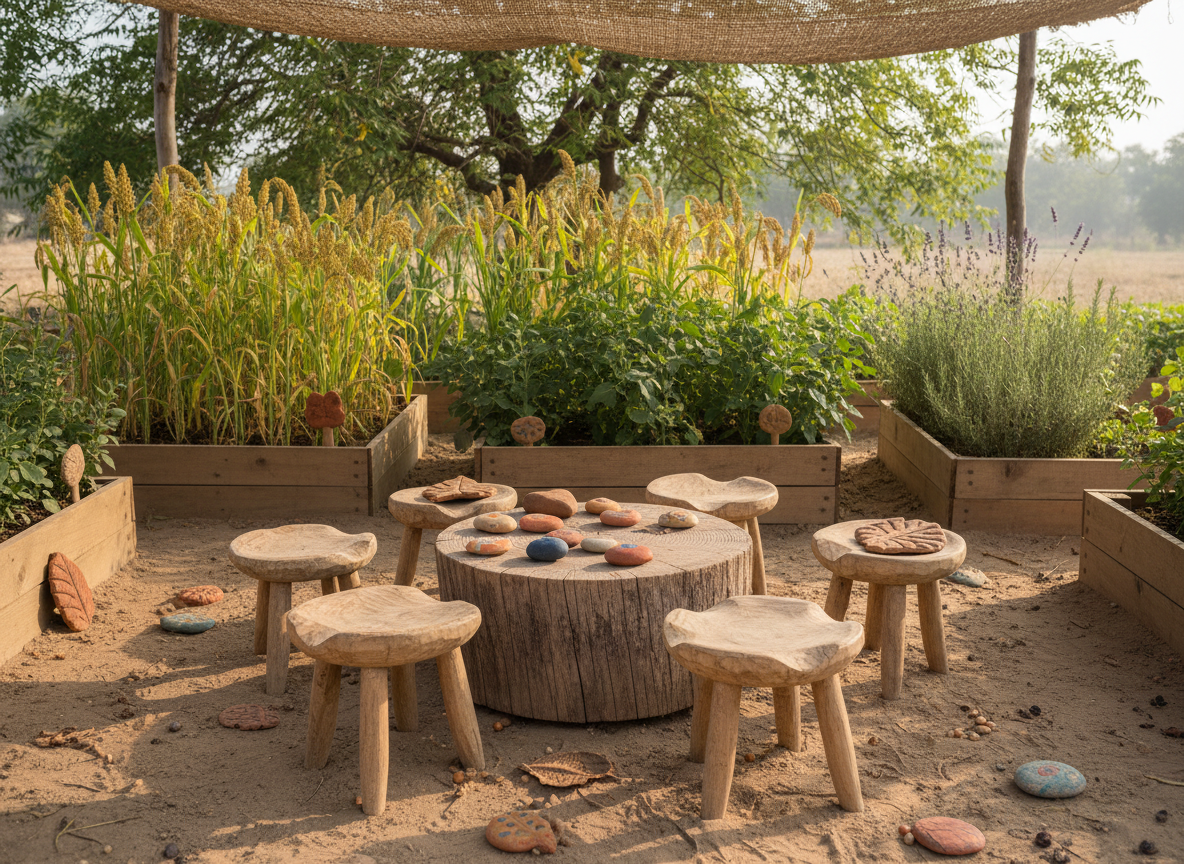 An inviting children’s outdoor learning space on a regenerative farm, depicted in photographic realism. In the foreground, a semicircle of small, hand-carved wooden stools surrounds a low, circular table made from a repurposed tree trunk, its rings clearly visible. The sandy earth is scattered with seed pods, smooth river stones painted in earthy mineral pigments, and simple wooden blocks shaped like seeds and leaves. Behind, raised garden beds overflow with millet, pulses, and flowering herbs, labeled only with small, unprinted clay markers. Soft morning light filters through woven shade cloth and the branches of a neem tree, casting intricate shadows. Shot from a child-height perspective with gentle depth of field, the scene feels playful yet calm, emphasizing curiosity, nature-based education, and quiet community care without any human figures.