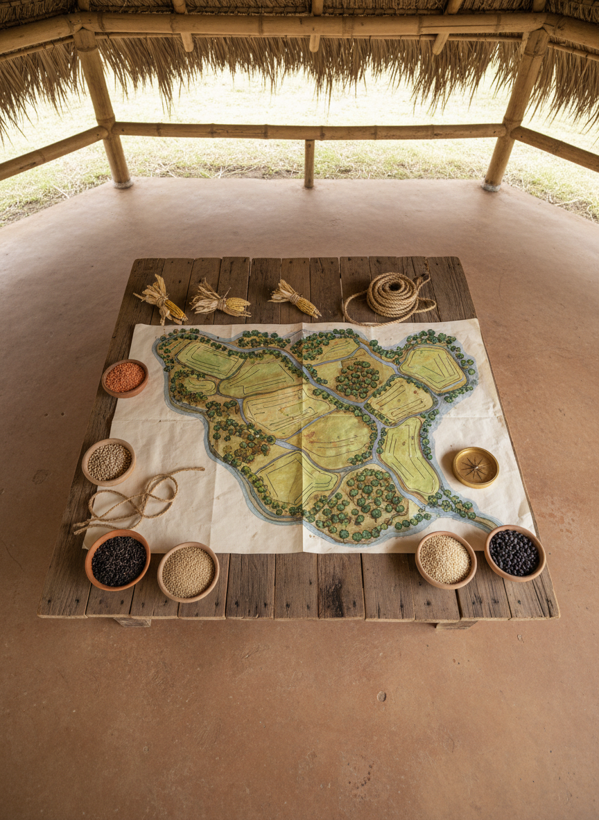 An overhead view of a collaborative farm-planning space that symbolizes regenerative community, rendered in photographic realism. On a low wooden table made from reclaimed planks, a hand-drawn map of the land on textured, slightly crinkled paper shows fields, water-harvesting swales, and native tree corridors, illustrated with organic shapes and earth-tone pigments but no text. Around it lie bunches of dried seeds, small clay bowls filled with different grains and pulses, natural fiber ropes, and a simple wooden compass. The table sits on a smooth earthen floor with faint footprints, inside an open-walled structure of bamboo poles and thatch. Soft diffused daylight fills the space, with a gentle breeze hinted at by a lifted corner of the map. Shot from a true bird’s-eye view, the scene feels thoughtful, collaborative, and quietly visionary.