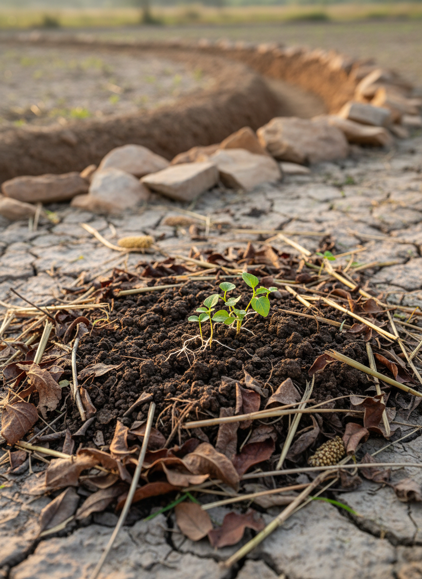 A close-up, intimate scene of soil regeneration in Bundelkhand, captured in photographic realism. The frame focuses tightly on rich, dark, crumbly earth covered with a protective layer of dried leaves, millet stalks, and small twigs, clearly contrasting against the paler, dry surrounding ground. Tiny green seedlings push up through the mulch, their delicate leaves catching flecks of soft morning light. In the background, slightly blurred, a contour trench and scattered stones hint at water-harvesting work. The light is gentle and low, emphasizing micro-textures of soil, roots, and organic matter. Shot at ground level with a shallow depth of field, the mood is reverent and hopeful, as though witnessing quiet transformation at the smallest scale, embodying the sophisticated, science-meets-spirit essence of regenerative practice.