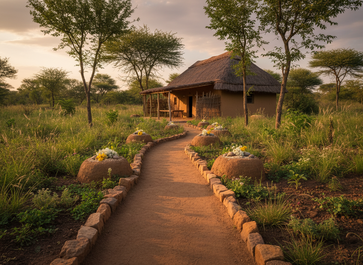 A sacred-feeling path leading through a regenerative landscape, envisioned for conscious travelers, shown in photographic realism. A narrow, gently winding earthen trail, edged with stones and native grasses, leads from the foreground into the distance toward a modest mud-plastered dwelling with a thatched roof and verandah. Along the path, small earthen altars hold simple offerings of wildflowers, seeds, and smooth river stones. Early evening golden-hour light bathes the scene, highlighting the warm tones of soil and walls while long shadows from acacia and neem trees create a contemplative rhythm across the path. The sky is slowly turning amber and muted pink. Shot from a low, forward-facing angle, the composition invites the viewer to “walk into” the frame, evoking quiet pilgrimage, humility, and a sophisticated, non-touristic sense of sacred travel.