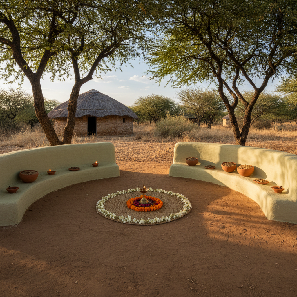 A serene courtyard at Roots of Shanti, designed as a spiritual and community gathering space, shown in photographic realism. In the center, a circular earthen platform is adorned with a simple brass diya lamp and arrangements of fresh marigold and jasmine blossoms on a woven grass mat. Around it, low mud-plastered walls with natural lime finish curve softly, embedded with niches holding unlit clay lamps and seed-filled earthen pots. Native trees create dappled shade, their leaves filtering warm late-afternoon sunlight that paints gentle patterns on the ground. In the background, modest stone and adobe structures with thatched roofs sit quietly amid dryland shrubs. Shot at eye level with a balanced composition, the mood is contemplative and grounded, suggesting quiet prayer, song, or meditation without showing any people.