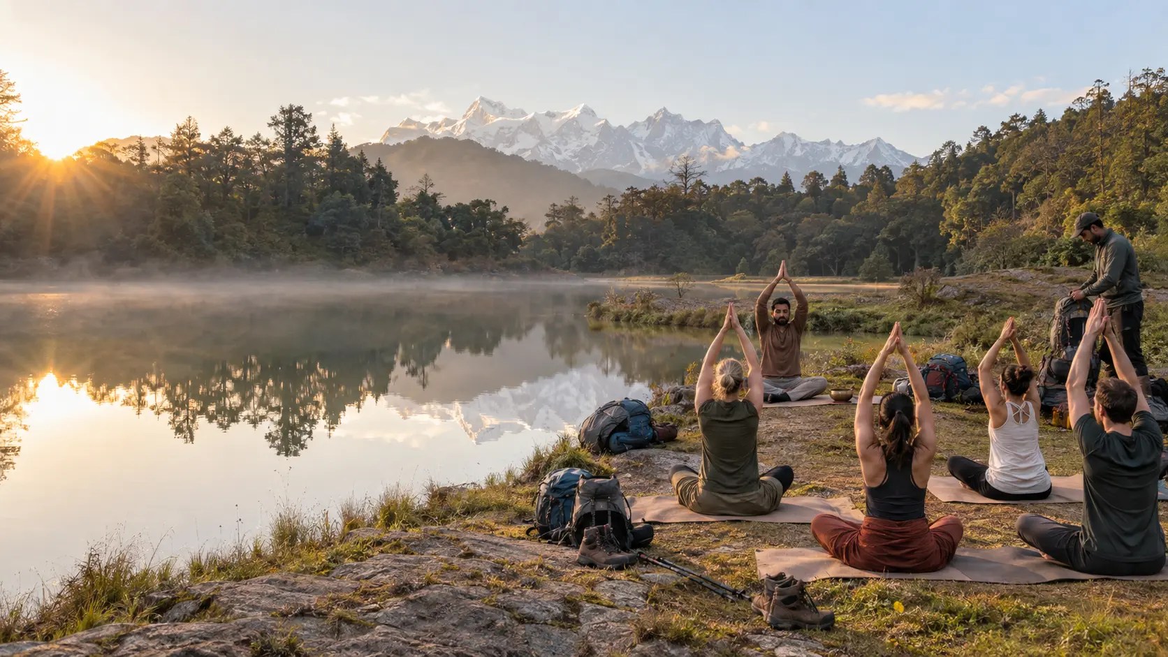 Small-group yoga and Himalayan trekking retreat beside Deoriatal lake with the Chaukhamba mountains at sunrise